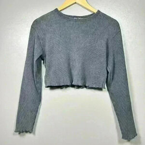ZARA Vintage Black Wash Ribbed Long Sleeve Crop Top Boxy Basic Women Small